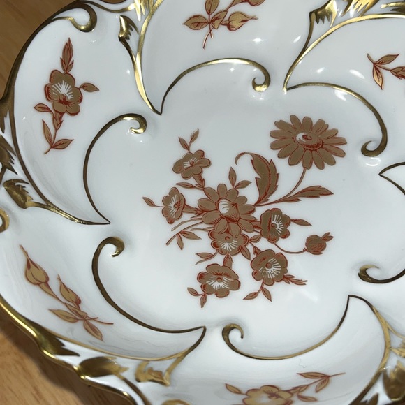 Vintage PM Germany Porcelain Pedestal Centerpiece Bowl Gold Gilt Red Floral Dish - Picture 7 of 8